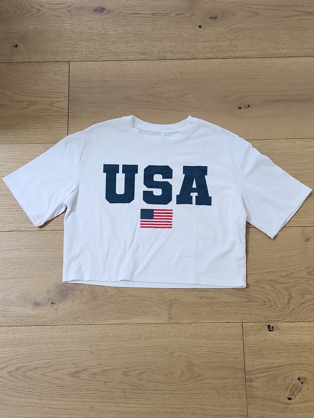 USA Graphic Crop Tee - White with Navy & Red Flag